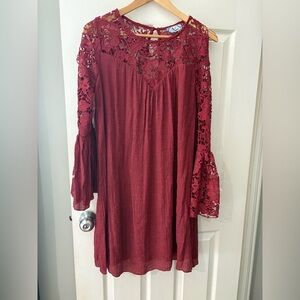 J Gee babydoll lace crochet mini dress size large bell sleeve Merlot red